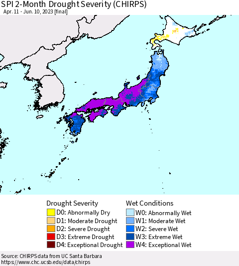 Japan SPI 2-Month Drought Severity (CHIRPS) Thematic Map For 4/11/2023 - 6/10/2023