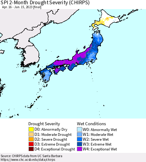 Japan SPI 2-Month Drought Severity (CHIRPS) Thematic Map For 4/16/2023 - 6/15/2023
