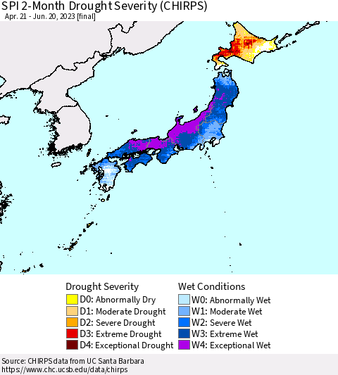 Japan SPI 2-Month Drought Severity (CHIRPS) Thematic Map For 4/21/2023 - 6/20/2023
