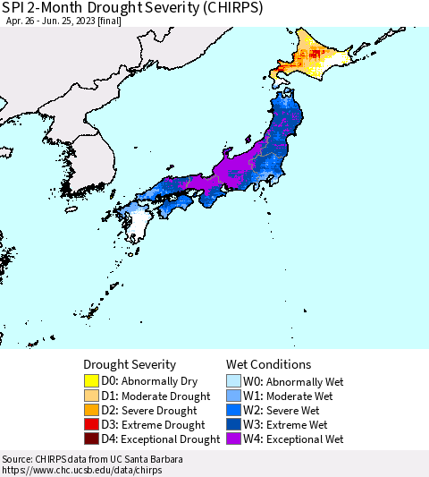 Japan SPI 2-Month Drought Severity (CHIRPS) Thematic Map For 4/26/2023 - 6/25/2023