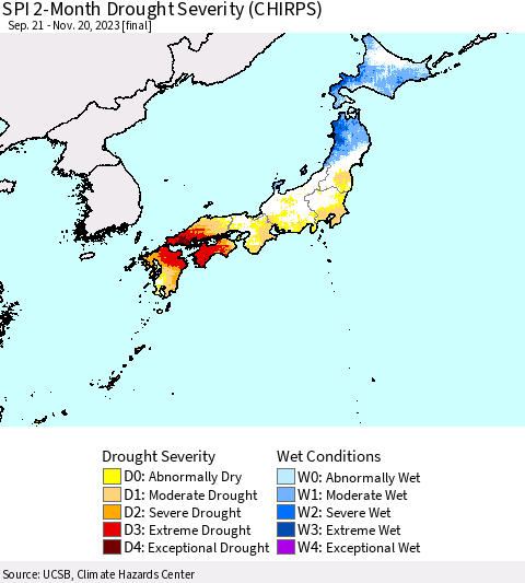 Japan SPI 2-Month Drought Severity (CHIRPS) Thematic Map For 9/21/2023 - 11/20/2023