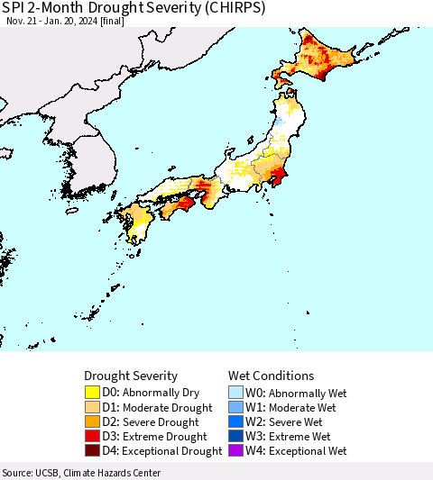 Japan SPI 2-Month Drought Severity (CHIRPS) Thematic Map For 11/21/2023 - 1/20/2024
