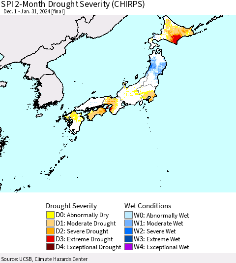 Japan SPI 2-Month Drought Severity (CHIRPS) Thematic Map For 12/1/2023 - 1/31/2024