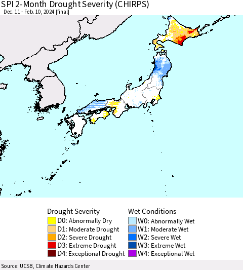 Japan SPI 2-Month Drought Severity (CHIRPS) Thematic Map For 12/11/2023 - 2/10/2024