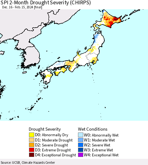 Japan SPI 2-Month Drought Severity (CHIRPS) Thematic Map For 12/16/2023 - 2/15/2024