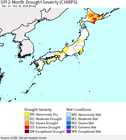 Japan SPI 2-Month Drought Severity (CHIRPS) Thematic Map For 12/21/2023 - 2/20/2024