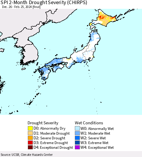 Japan SPI 2-Month Drought Severity (CHIRPS) Thematic Map For 12/26/2023 - 2/25/2024