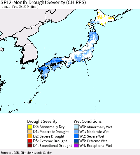 Japan SPI 2-Month Drought Severity (CHIRPS) Thematic Map For 1/1/2024 - 2/29/2024