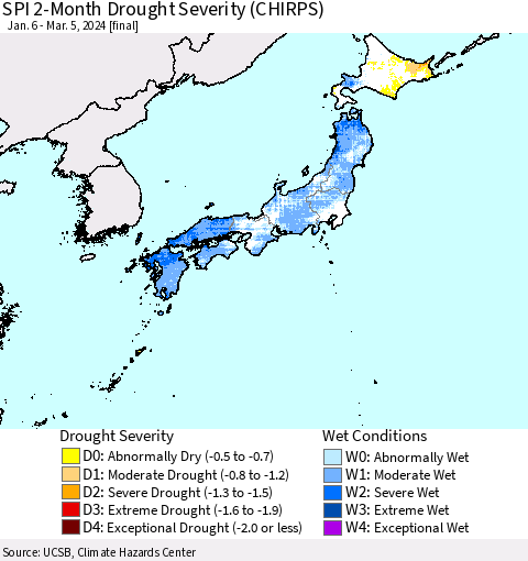 Japan SPI 2-Month Drought Severity (CHIRPS) Thematic Map For 1/6/2024 - 3/5/2024