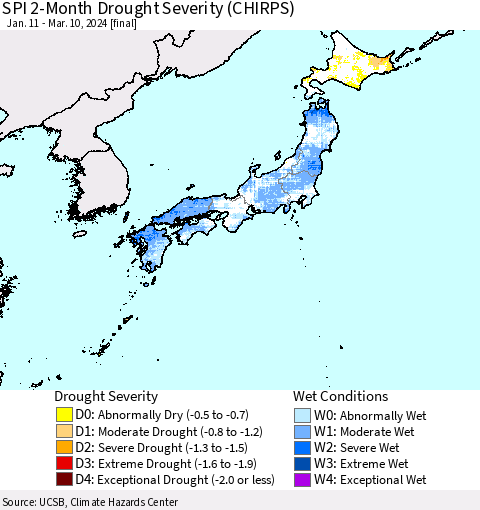 Japan SPI 2-Month Drought Severity (CHIRPS) Thematic Map For 1/11/2024 - 3/10/2024