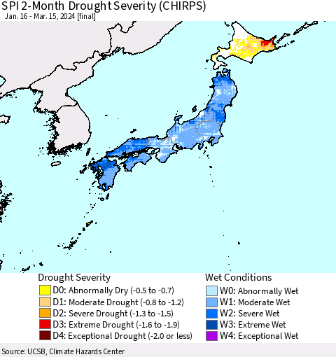 Japan SPI 2-Month Drought Severity (CHIRPS) Thematic Map For 1/16/2024 - 3/15/2024