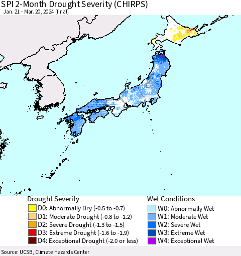Japan SPI 2-Month Drought Severity (CHIRPS) Thematic Map For 1/21/2024 - 3/20/2024
