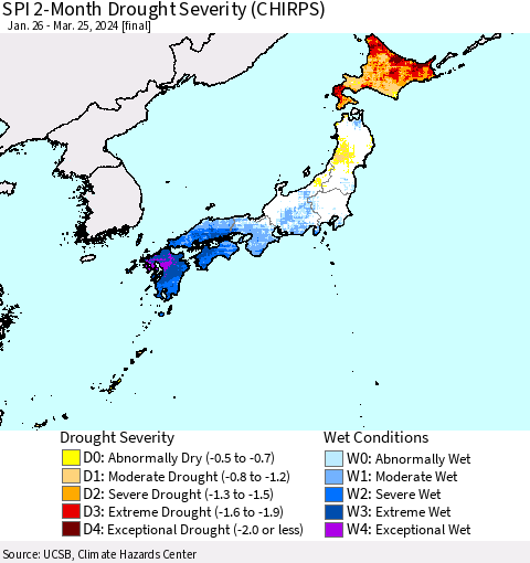 Japan SPI 2-Month Drought Severity (CHIRPS) Thematic Map For 1/26/2024 - 3/25/2024