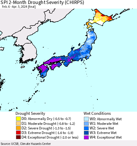 Japan SPI 2-Month Drought Severity (CHIRPS) Thematic Map For 2/6/2024 - 4/5/2024