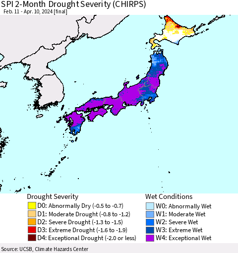 Japan SPI 2-Month Drought Severity (CHIRPS) Thematic Map For 2/11/2024 - 4/10/2024