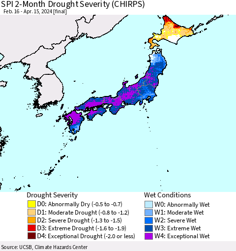 Japan SPI 2-Month Drought Severity (CHIRPS) Thematic Map For 2/16/2024 - 4/15/2024