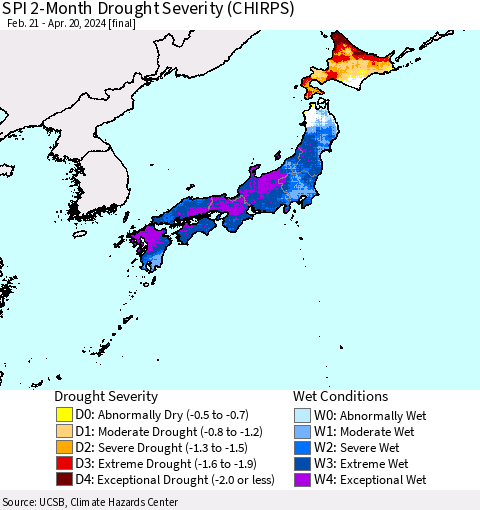 Japan SPI 2-Month Drought Severity (CHIRPS) Thematic Map For 2/21/2024 - 4/20/2024
