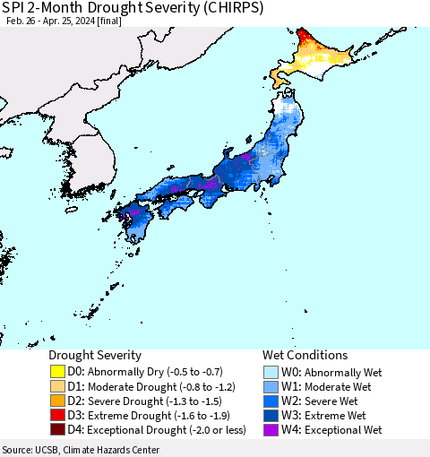 Japan SPI 2-Month Drought Severity (CHIRPS) Thematic Map For 2/26/2024 - 4/25/2024