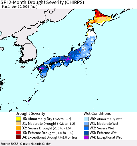 Japan SPI 2-Month Drought Severity (CHIRPS) Thematic Map For 3/1/2024 - 4/30/2024