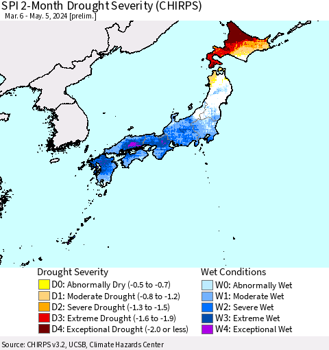 Japan SPI 2-Month Drought Severity (CHIRPS) Thematic Map For 3/6/2024 - 5/5/2024