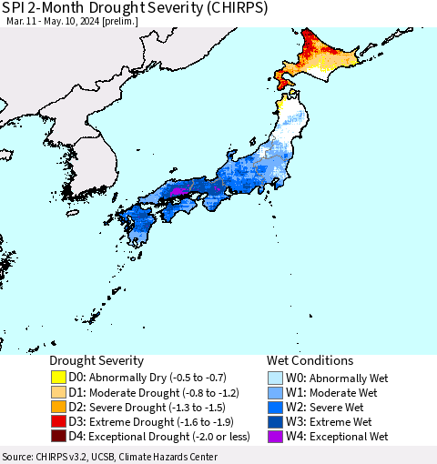 Japan SPI 2-Month Drought Severity (CHIRPS) Thematic Map For 3/11/2024 - 5/10/2024