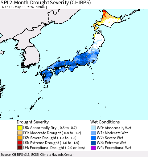 Japan SPI 2-Month Drought Severity (CHIRPS) Thematic Map For 3/16/2024 - 5/15/2024