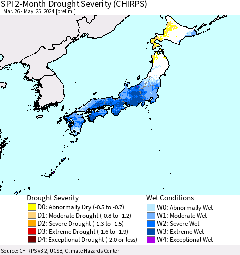 Japan SPI 2-Month Drought Severity (CHIRPS) Thematic Map For 3/26/2024 - 5/25/2024