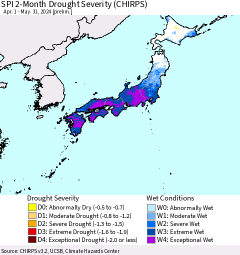 Japan SPI 2-Month Drought Severity (CHIRPS) Thematic Map For 4/1/2024 - 5/31/2024