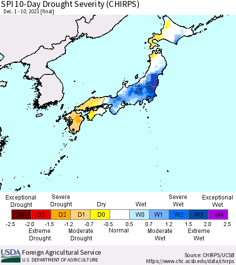 Japan SPI 10-Day Drought Severity (CHIRPS) Thematic Map For 12/1/2021 - 12/10/2021