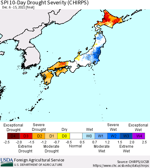 Japan SPI 10-Day Drought Severity (CHIRPS) Thematic Map For 12/6/2021 - 12/15/2021