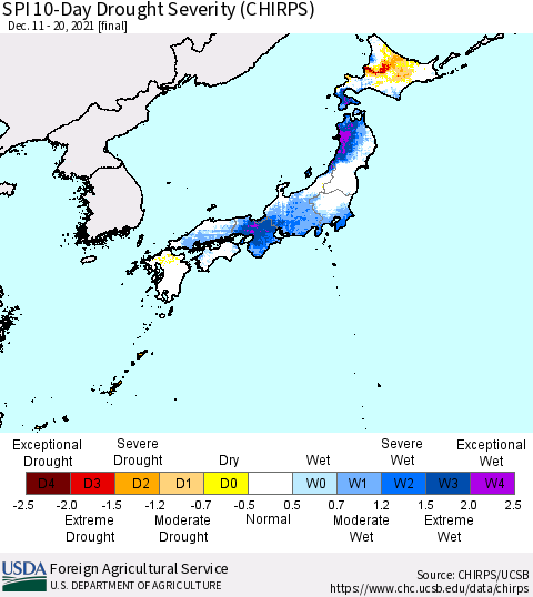 Japan SPI 10-Day Drought Severity (CHIRPS) Thematic Map For 12/11/2021 - 12/20/2021
