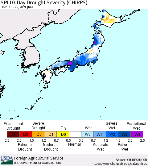 Japan SPI 10-Day Drought Severity (CHIRPS) Thematic Map For 12/16/2021 - 12/25/2021