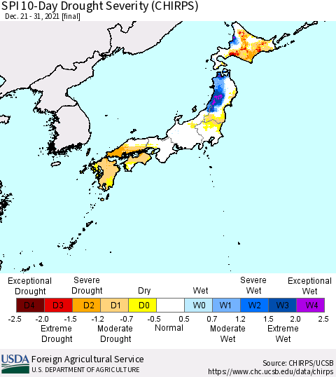 Japan SPI 10-Day Drought Severity (CHIRPS) Thematic Map For 12/21/2021 - 12/31/2021