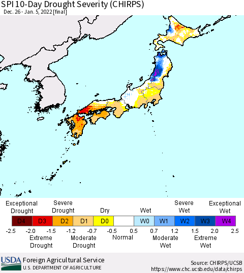 Japan SPI 10-Day Drought Severity (CHIRPS) Thematic Map For 12/26/2021 - 1/5/2022