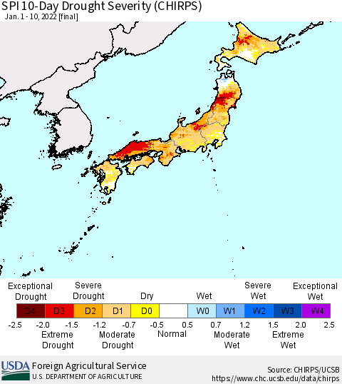 Japan SPI 10-Day Drought Severity (CHIRPS) Thematic Map For 1/1/2022 - 1/10/2022