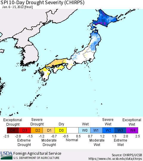 Japan SPI 10-Day Drought Severity (CHIRPS) Thematic Map For 1/6/2022 - 1/15/2022