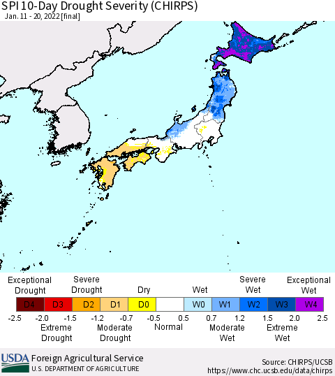 Japan SPI 10-Day Drought Severity (CHIRPS) Thematic Map For 1/11/2022 - 1/20/2022
