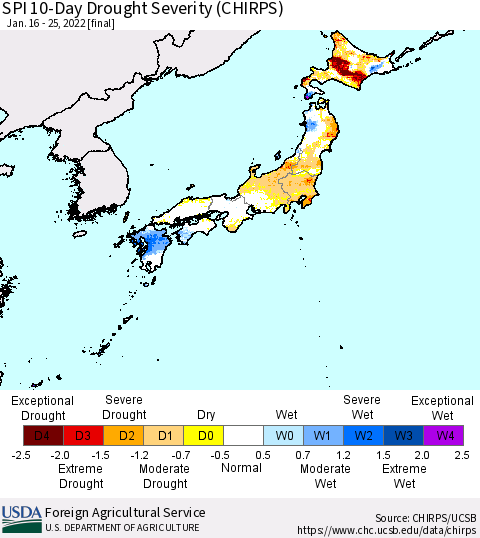 Japan SPI 10-Day Drought Severity (CHIRPS) Thematic Map For 1/16/2022 - 1/25/2022