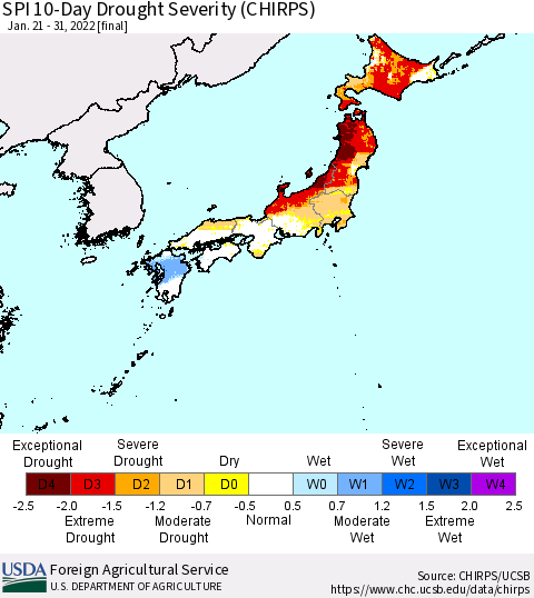 Japan SPI 10-Day Drought Severity (CHIRPS) Thematic Map For 1/21/2022 - 1/31/2022