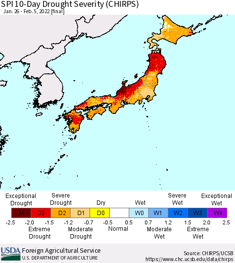 Japan SPI 10-Day Drought Severity (CHIRPS) Thematic Map For 1/26/2022 - 2/5/2022