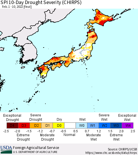 Japan SPI 10-Day Drought Severity (CHIRPS) Thematic Map For 2/1/2022 - 2/10/2022