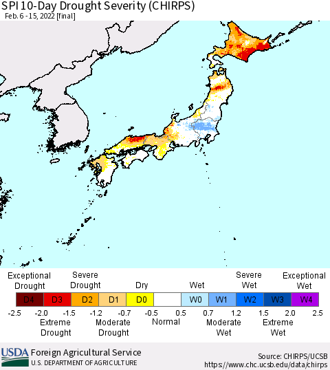 Japan SPI 10-Day Drought Severity (CHIRPS) Thematic Map For 2/6/2022 - 2/15/2022