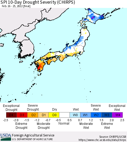 Japan SPI 10-Day Drought Severity (CHIRPS) Thematic Map For 2/16/2022 - 2/25/2022