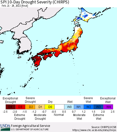 Japan SPI 10-Day Drought Severity (CHIRPS) Thematic Map For 2/21/2022 - 2/28/2022