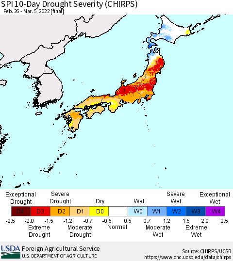 Japan SPI 10-Day Drought Severity (CHIRPS) Thematic Map For 2/26/2022 - 3/5/2022