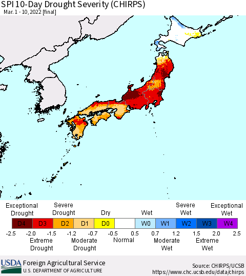 Japan SPI 10-Day Drought Severity (CHIRPS) Thematic Map For 3/1/2022 - 3/10/2022