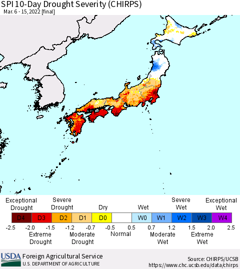 Japan SPI 10-Day Drought Severity (CHIRPS) Thematic Map For 3/6/2022 - 3/15/2022