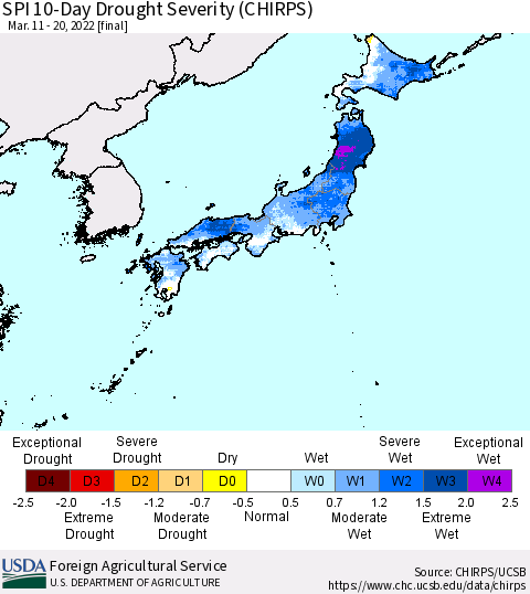 Japan SPI 10-Day Drought Severity (CHIRPS) Thematic Map For 3/11/2022 - 3/20/2022