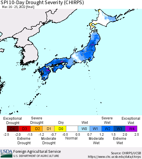 Japan SPI 10-Day Drought Severity (CHIRPS) Thematic Map For 3/16/2022 - 3/25/2022
