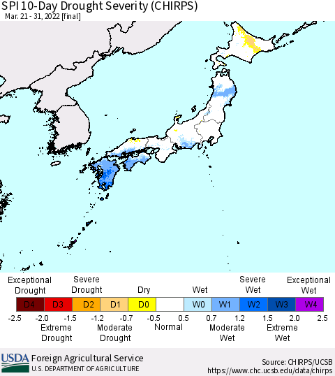 Japan SPI 10-Day Drought Severity (CHIRPS) Thematic Map For 3/21/2022 - 3/31/2022